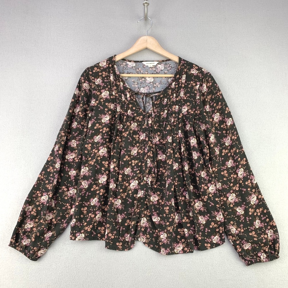 Lucky Brand Floral Pintuck Blouse Women Small Black Boho Long Sleeve Viscose